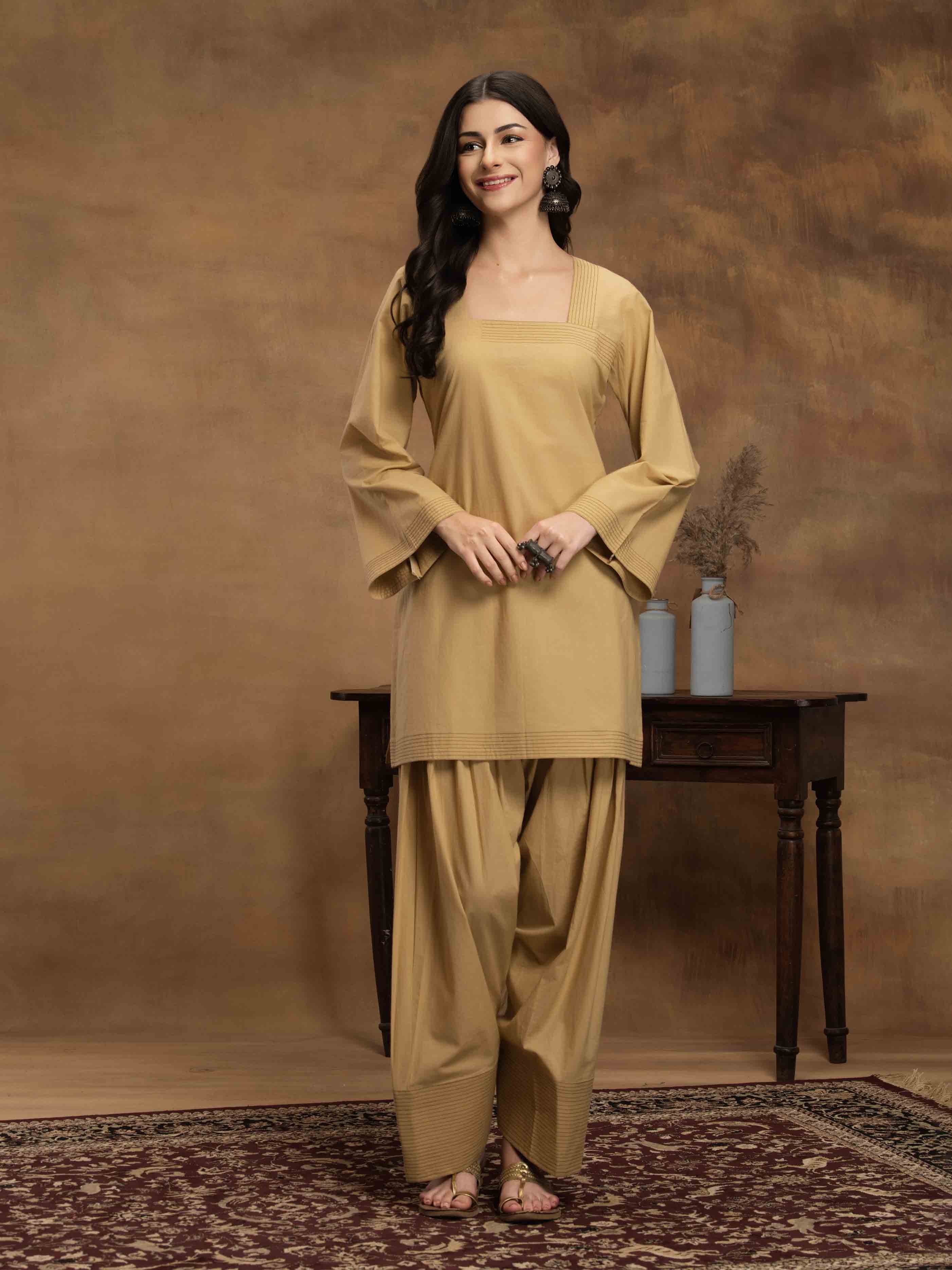 Navdana Beige Fullsleeves Kurti & Farshi Salwar Set-ZEENAT