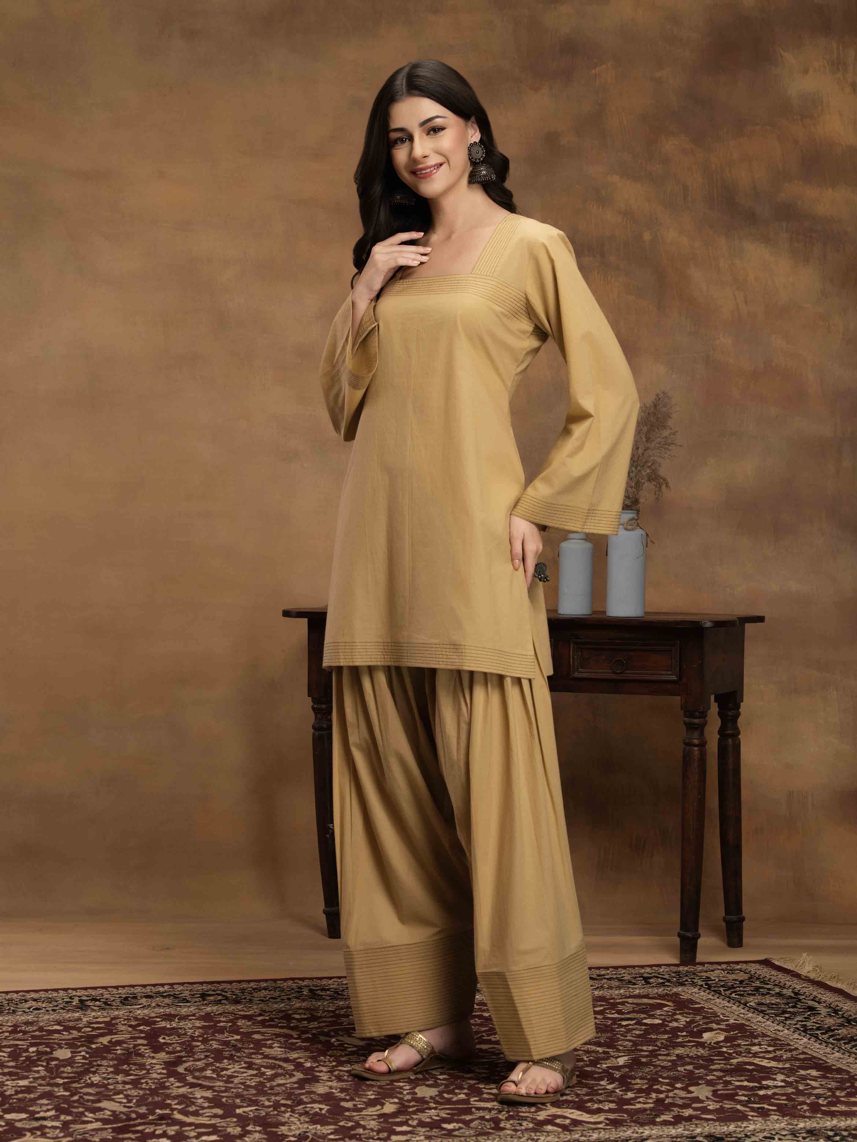 Navdana Beige Fullsleeves Kurti & Farshi Salwar Set-ZEENAT