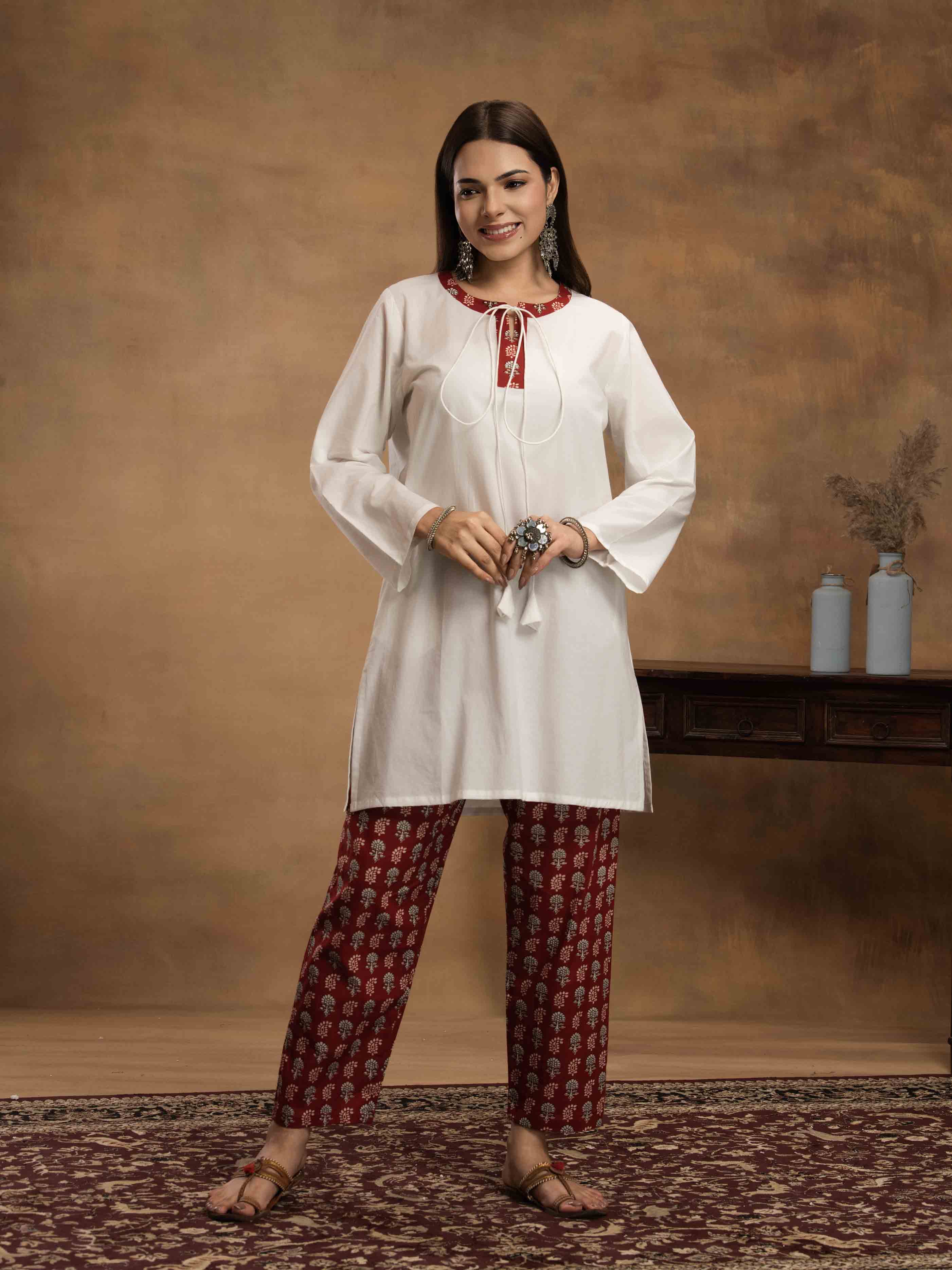 Navdana White Kurti With Red Jaipuri Print Pants Set - NAAZ