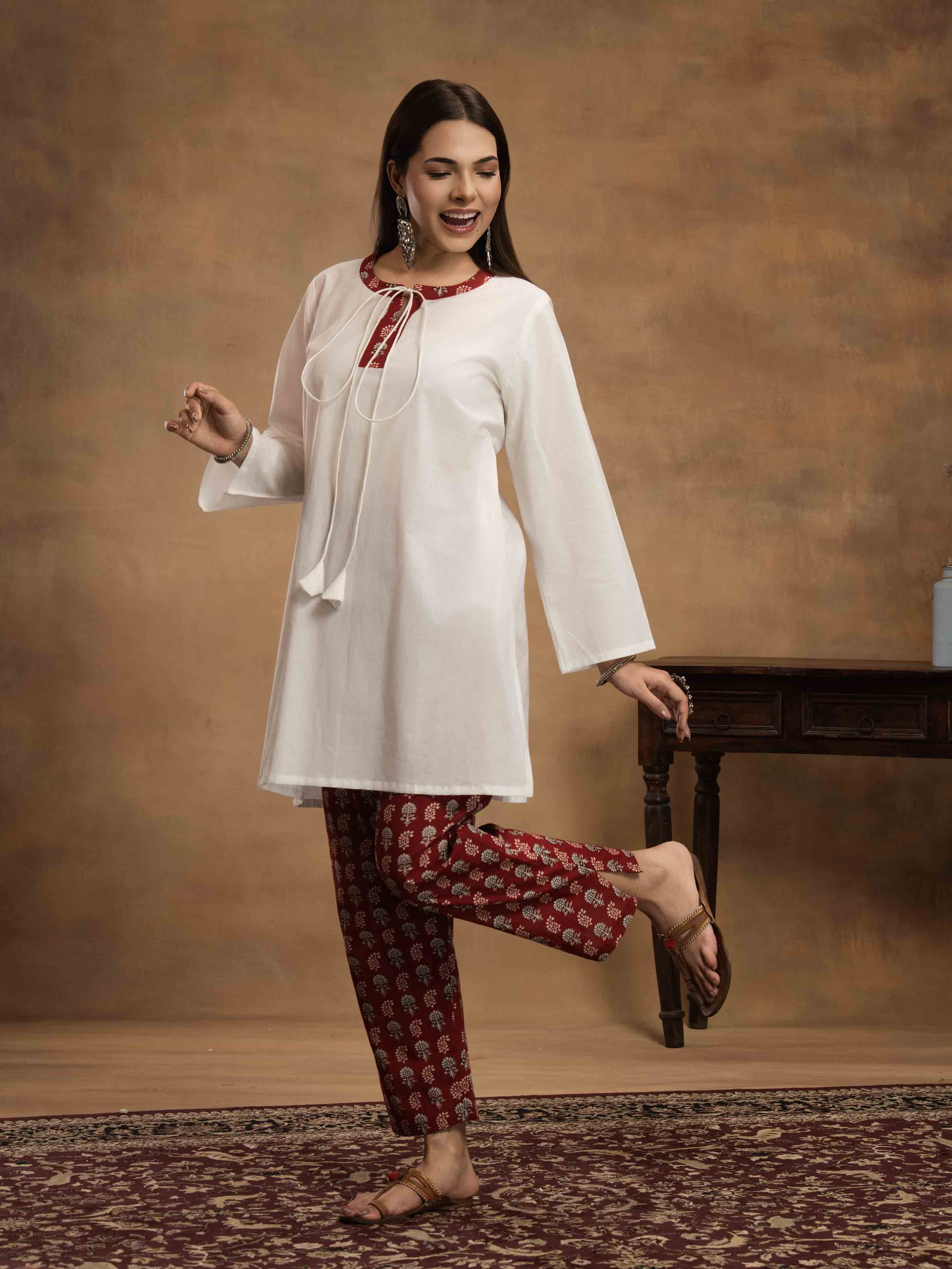 Navdana White Kurti With Red Jaipuri Print Pants Set - NAAZ