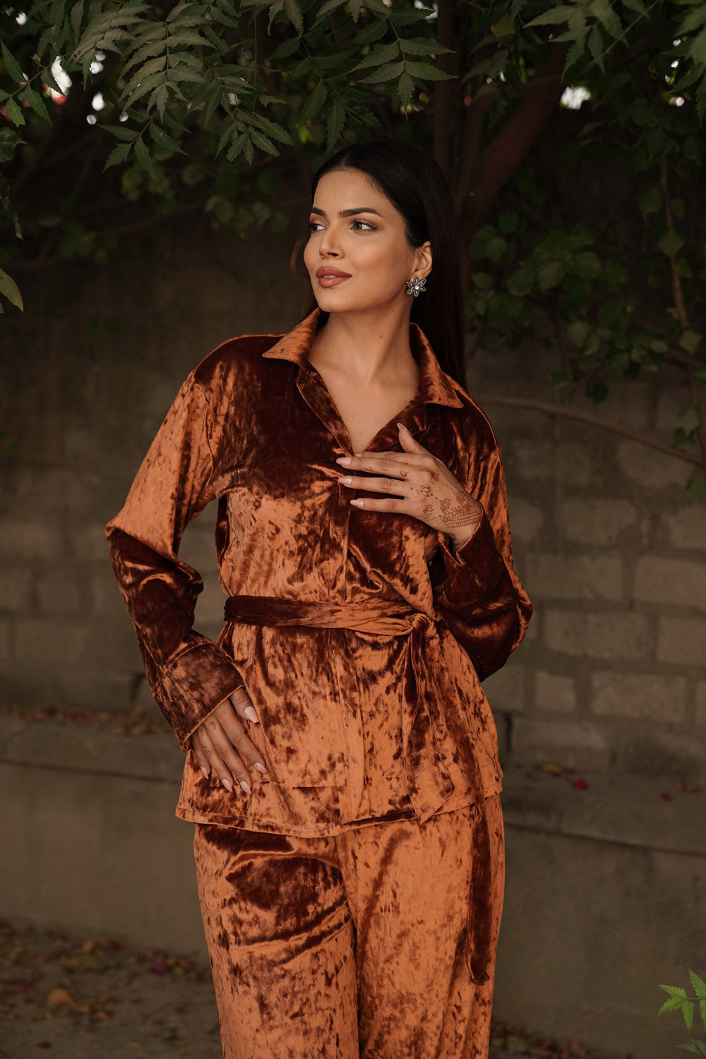 Navdana Brown Velvet Shirt With Belt And Pants Co-ord Set - PRIYA