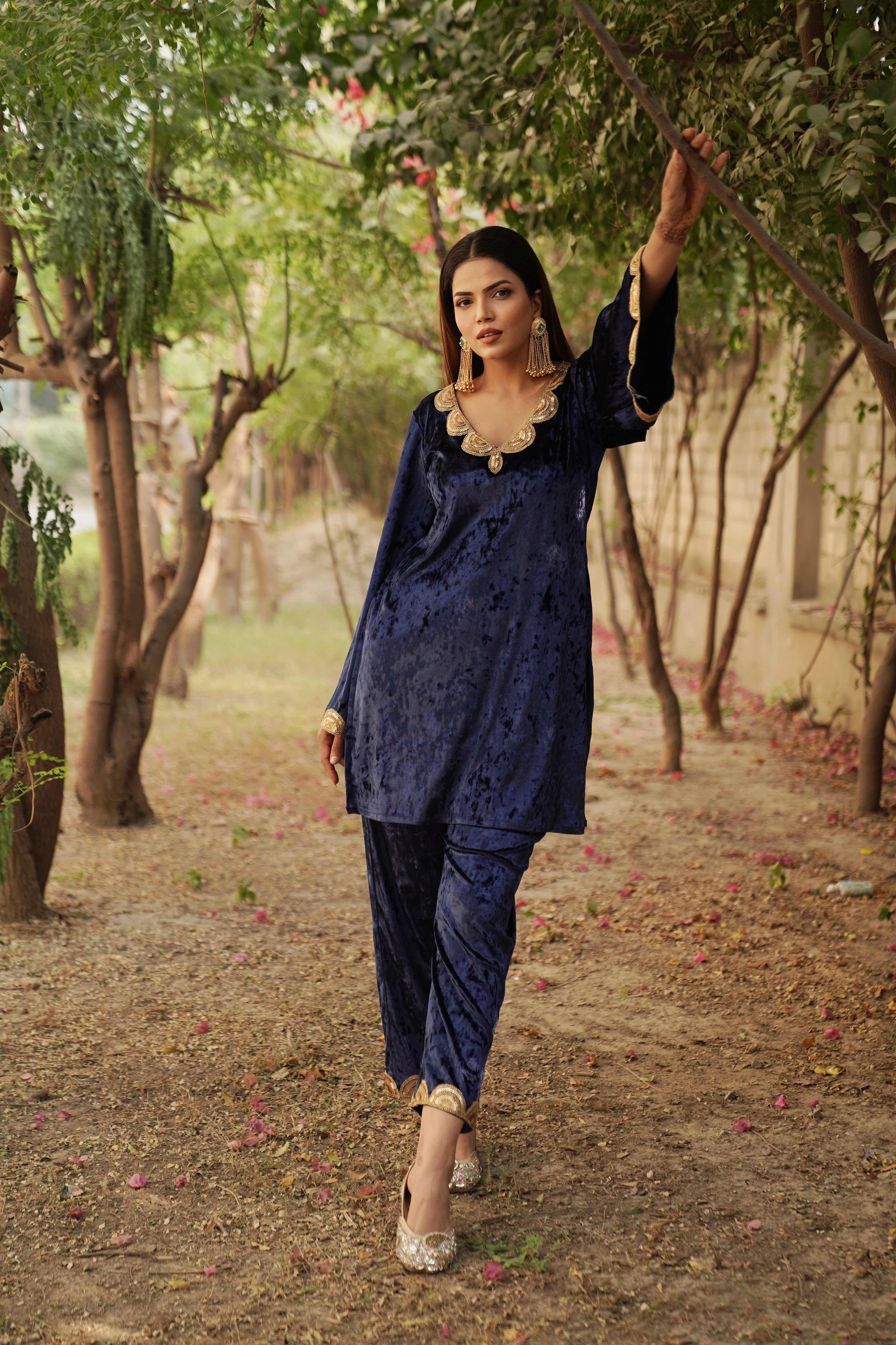 Navdana Velvet Blue Co-ord Set With Sequin Lace- GARIMA