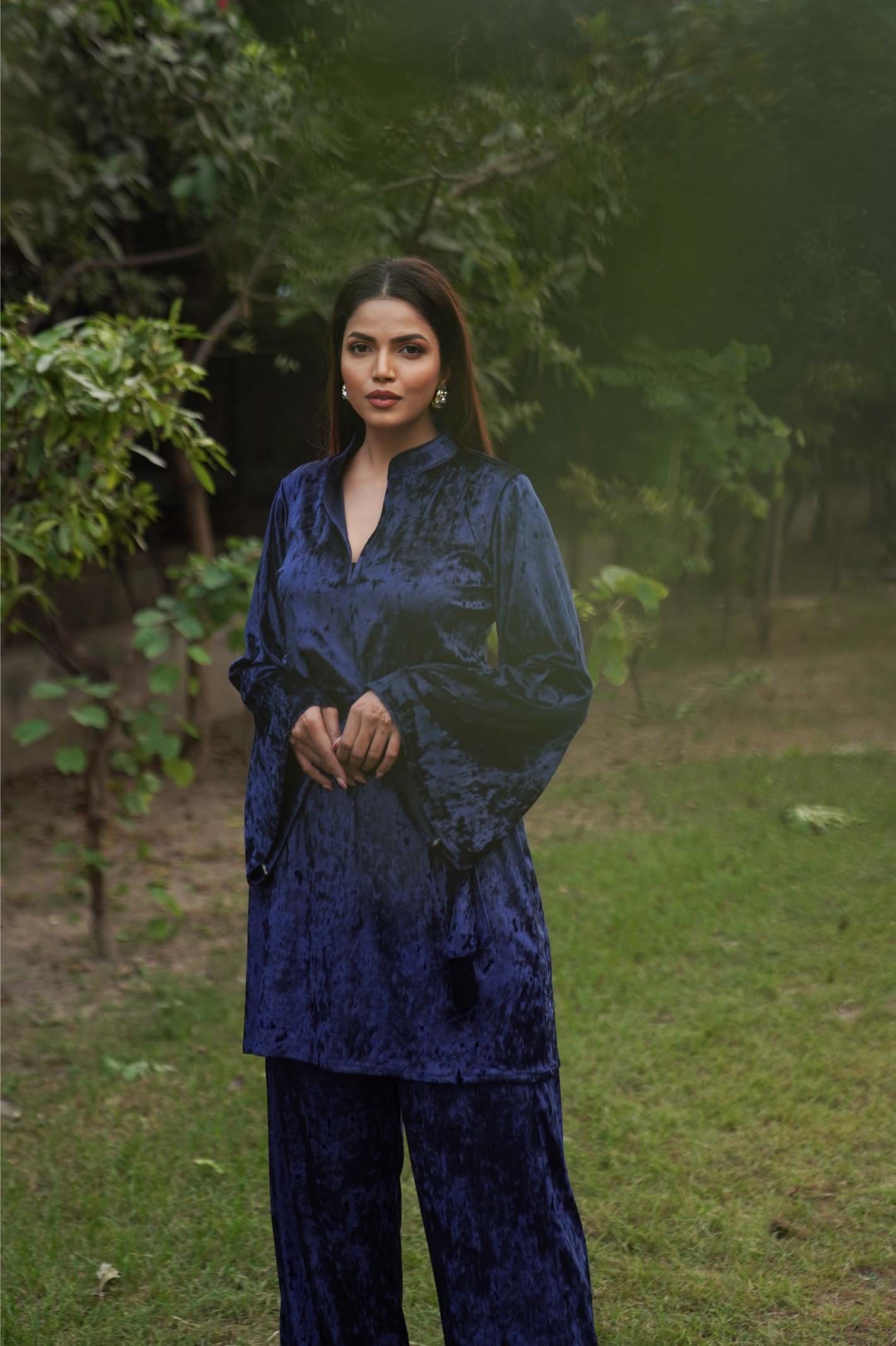 Navdana Velvet Blue Long Top With Belts and Pants Set - RIYA