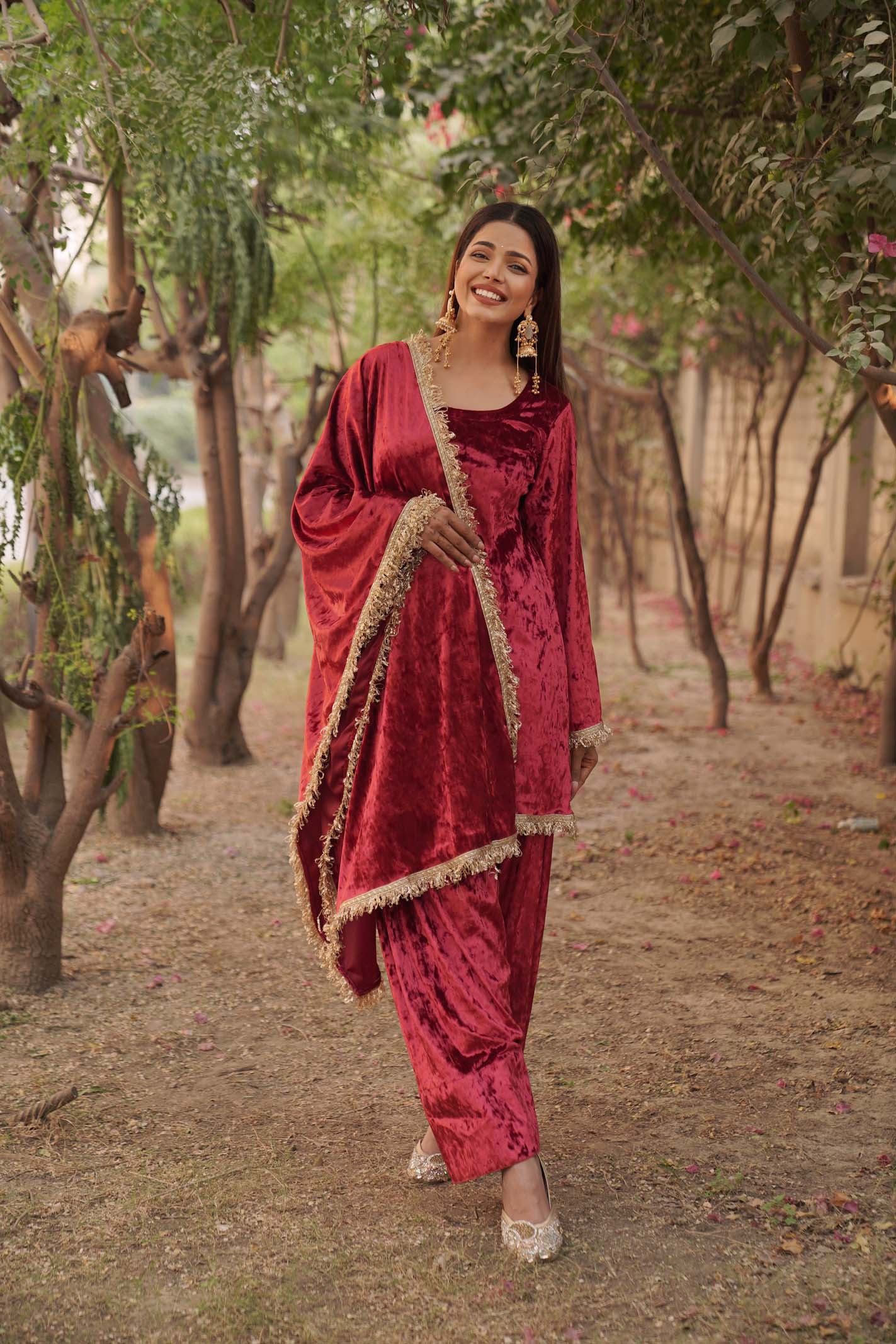 Navdana Red Velvet Kurta Set With Farshi Salwar and Dupatta - SIMRAN
